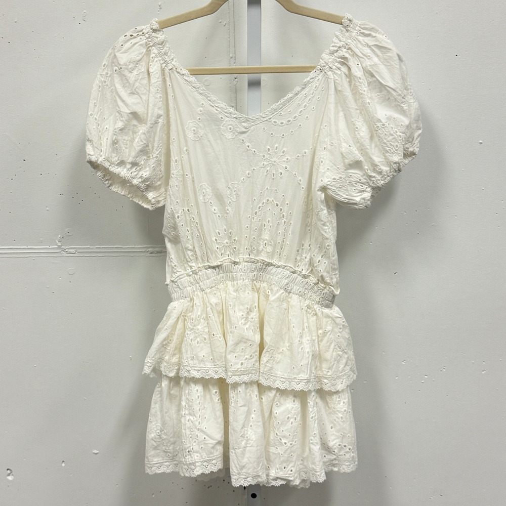Sky to Moon Eyelet Lace Mini Dress Puff Sleeve Smocked Waist Small White Boho